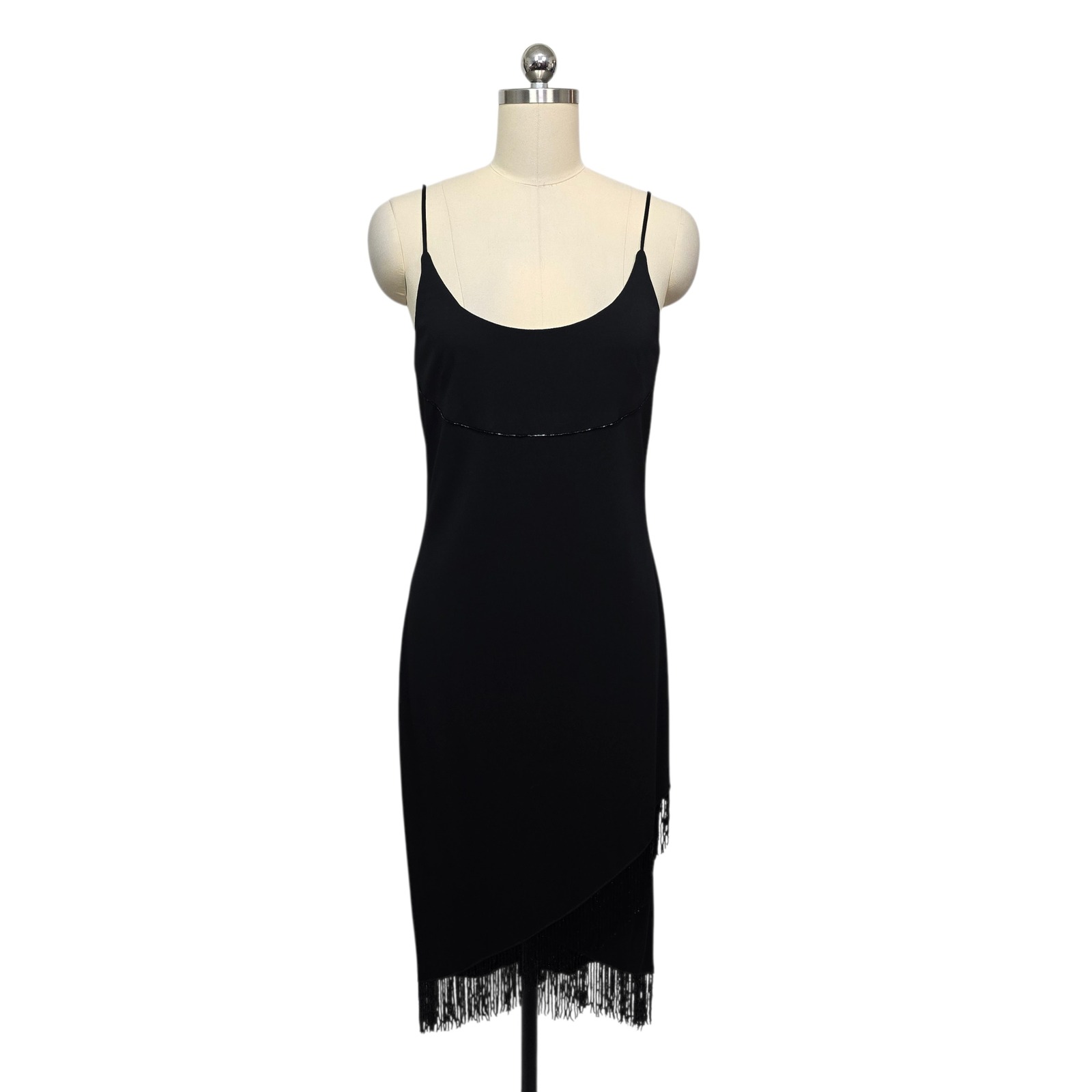 Joseph Ribkoff Black Beaded Fringe Spaghetti Strap Dress Women's 10 Party 90s